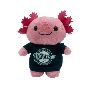 Small plush axolotyl wearing Utah State Aggies t-shirt